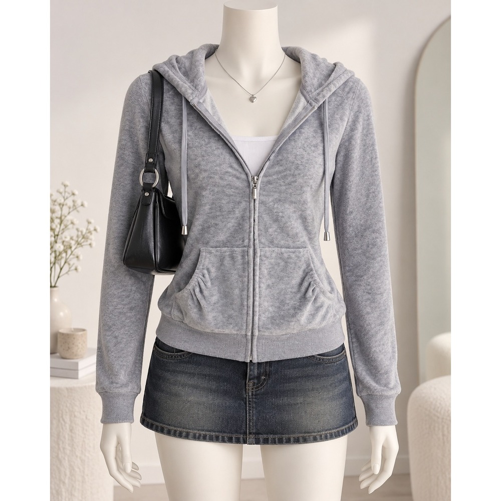 Grey Velour Hoodie Y2K Ruched Sleeve Zip Up Sweatshirt Women S Casual Cute